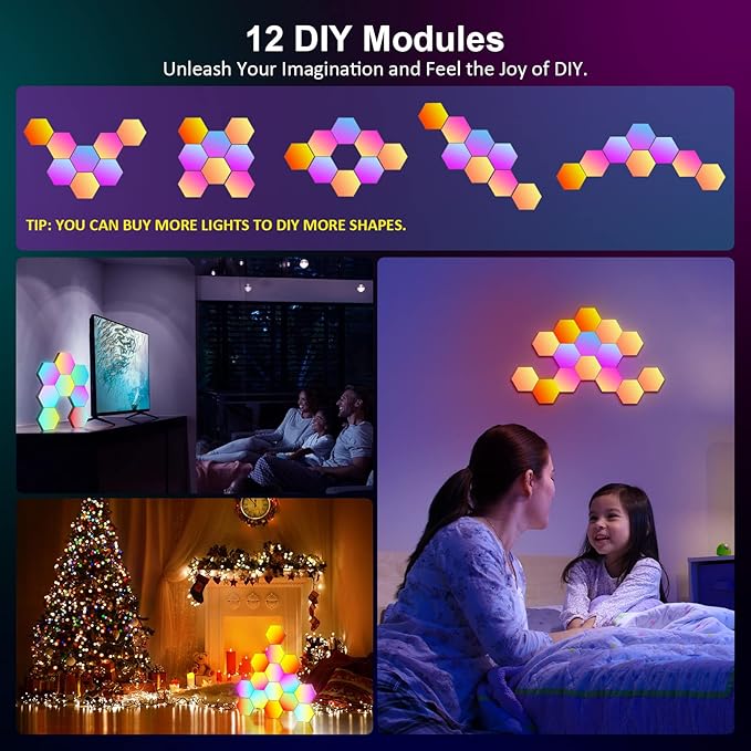 OJQ 12 Pack Hexagon Lights Wall RGB Panel - Led Lights Gifts for Men Birthday Room Decor Lamp for Bedroom Gaming Equipment Gamer Supps Honeycomb Shape Panels Hexagon Gaming Lights