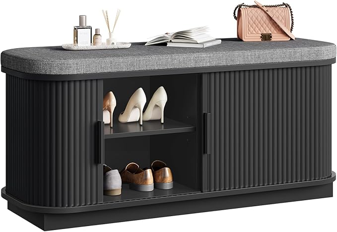 Shoe Storage Bench, Entryway Bench with Storage, Shoe Bench with Cushion and Sliding Door, Fluted Storage Bench, Entry Bench for Entryway, Hallway, Living Room, Bedroom, Black and Gray MHX02BB