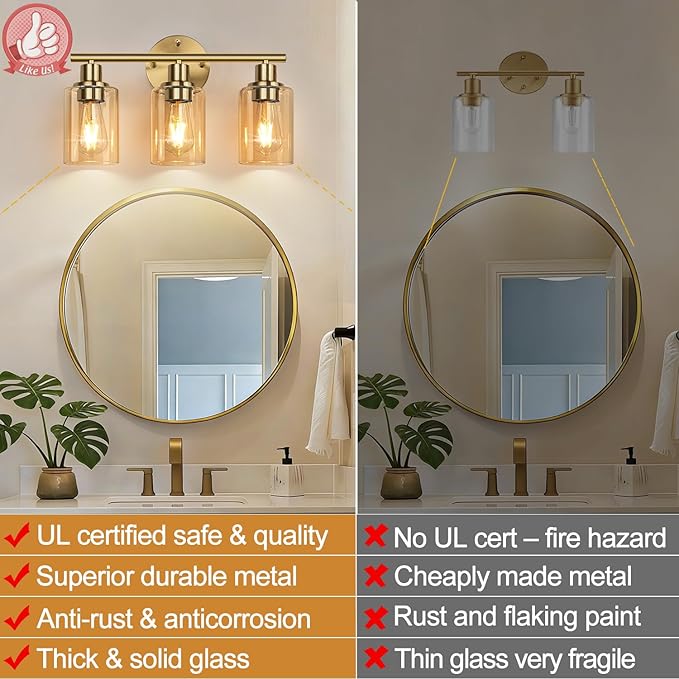 3-Light Bathroom Light Fixtures, Brushed Gold Vanity Light, Farmhouse Wall Lights with Amber Glass Shades, Bathroom Wall Lamp for Mirror Kitchen Bedroom Hallway Living Room