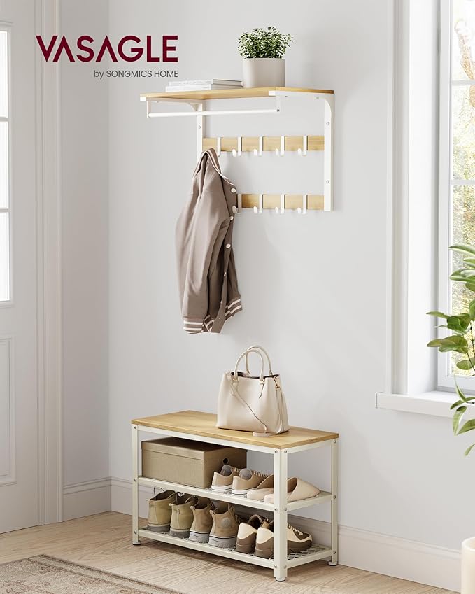 VASAGLE 3-Tier Shoe Rack, Shelf Storage Bench with Metal Mesh Shelves and Seat, Free Standing Shoe Organizer for Entryway, 11.8 x 28.7 x 17.7 Inches, Oak Beige and Classic White ULBS073W09