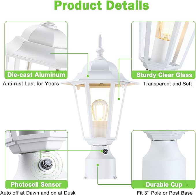 Dusk to Dawn Outdoor Post Light, Pole Lantern, Waterproof Die-Cast Aluminum Pole Light Fixture with Glass, Exterior Post Lamp for Garden Yard Patio Pathway, Matte White, 2-Pack