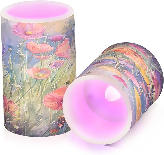 Watercolor Flower Pattern Flameless Candles Color Changing LED Candles with Remote Control Battery Candles for Outdoor and Indoor Home and Room Decoration, 3'' x 4''/5'' Set of 2 Pieces