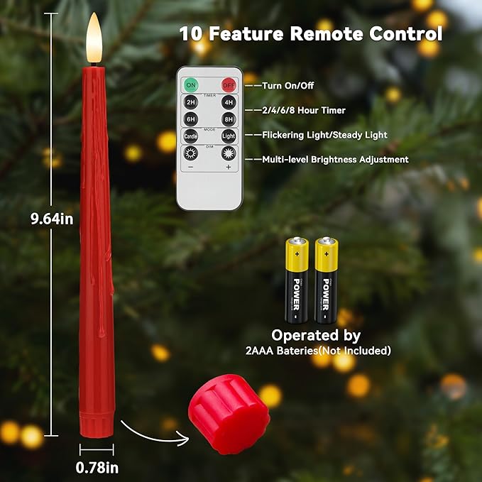 Red Flameless Taper Candles with Timer, 2 Pack Christmas Battery Operated Taper Candles, Flickering Realistic LED Candlesticks for Xmas Decor, Wedding, Party
