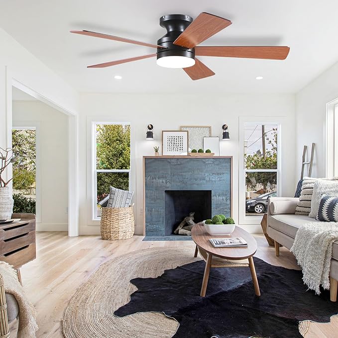 Flush Mount Ceiling Fan with Lights - 46IN Modern Indoor/Outdoor Ceiling Fan Light with Remote/APP, Low Profile Fan Light with 6 Speeds, Dimming, for Bedroom, Living Room, Brown