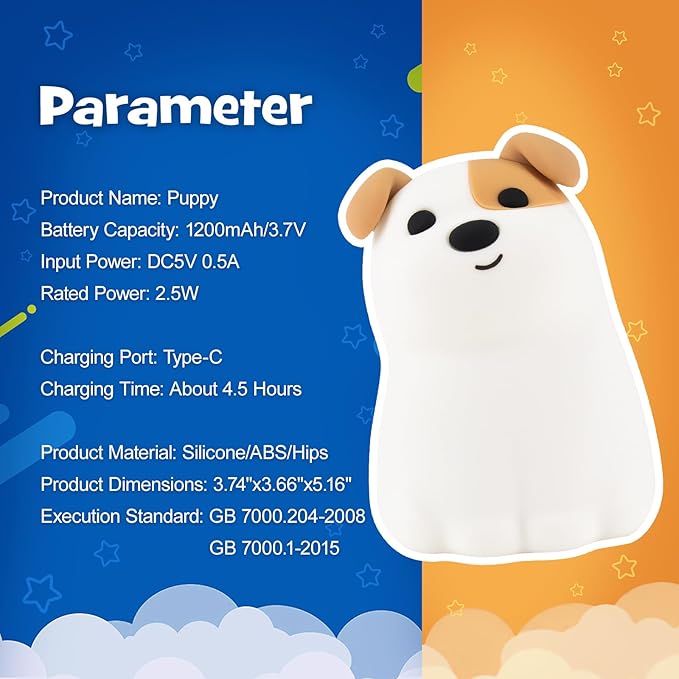Squishy Puppy Night Light with RGB Mode 3 Brightness Adjustable Nursery Breastfeeding Nightlight Cute Novelty Smile Dog Animal Lamp Rechargeable Silicone Touch Bedside Lamp for Bedroom Dorm Decor