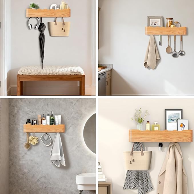 Coat Rack Wall Mount Entryway Organizer Modern Key Holder Wall Mount with Wooden Shelf Entryway Hooks for Bedroom Kitchen Hallway Bathroom for Hanging Coats Hats Dog Leashes Bags Towels