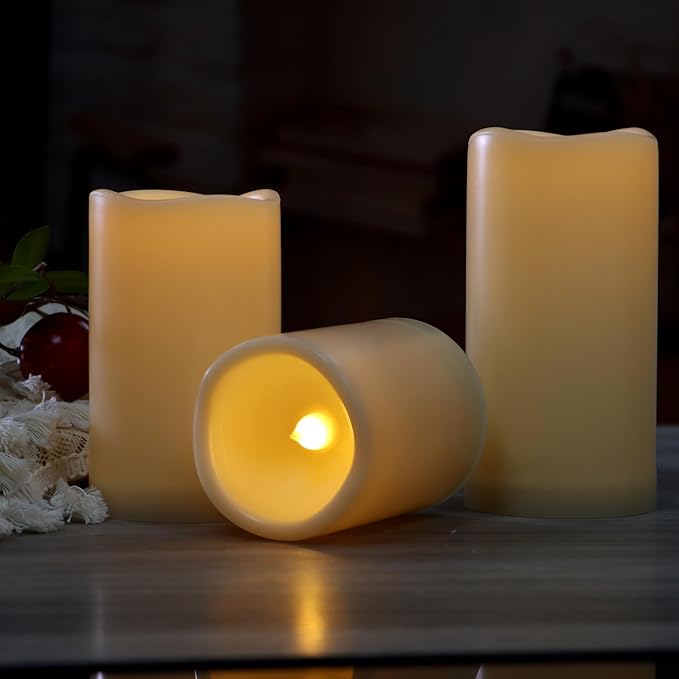 CANDLE CHOICE Outdoor Battery-Operated Flameless Candles with Remote Timer Waterproof Flickering Plastic Electric LED Pillar Lights for Lantern Patio Garden Wedding Halloween Christmas 3x4,5,6” 3 Pack