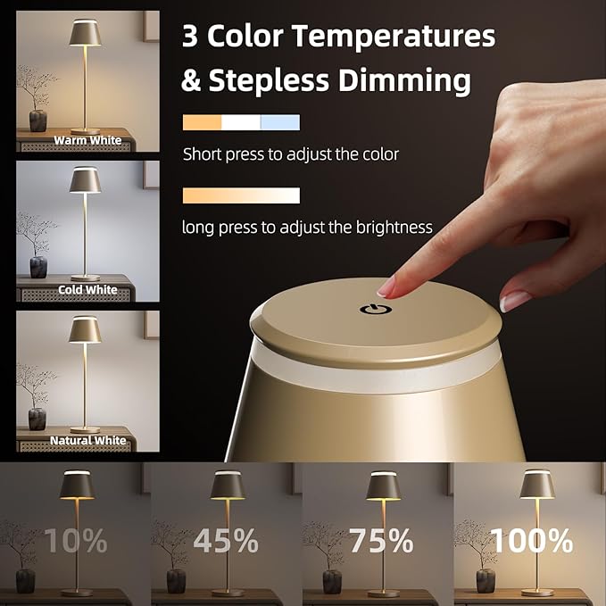 Cordless Table Lamp Set of 2 with Portable USB Rechargeable Dock, LED Wireless Touch Desk Lamps with Remote, 3 Color Stepless Dimmable, for Bedroom Night Lights Dining Outdoor Patio Restaurant