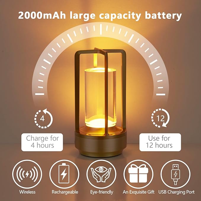 Small Table Lamp, Rechargeable Cordless Battery Operated LED Lamp, 3-Color Temperatures Dimmable Nightstand Lamp for Living Room, Bedroom, Outdoor Battery Powered Portable Touch Lamp (Gold)