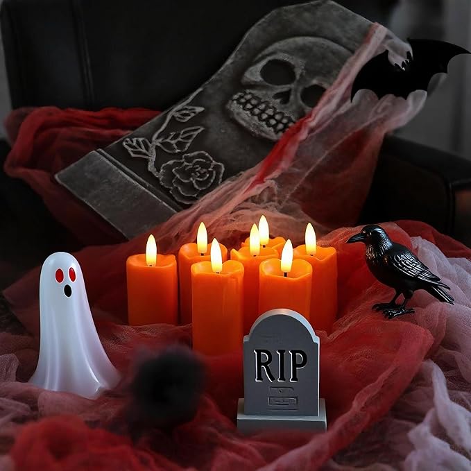 CANDLE CHOICE Battery Operated Flameless Votives with Auto Daily Cycle Timer Long Lasting Realistic Black Wick Electric LED Candles Wedding Party Holiday Halloween Christmas Decorations 6 Pack Orange