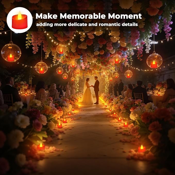Realistic Flameless LED Tea Lights - 24 Pack Premium LED Tea Lights for Christmas Mantel, Valentine's Dinner & Wedding Centerpieces (Red Base, 24 Pack)