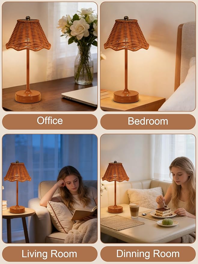Cordless Table Lamps,Rechargeable LED Reading Light,Small Desk Lamp with 3 Color Touch Control,Vintage Boho Lamp,Dimmable Night Light for Living Room Bedroom Office Decor (2 Pack)