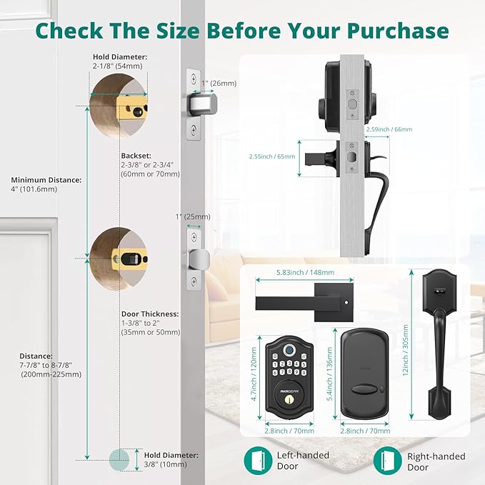DS10 Pro Keyless Entry Door Lock with Handle Set, Smart Front Door Locks Set, Electronic Keypad, Fingerprint Deadbolt, Bluetooth APP Control, Auto-Lock & One Touch Locking, Matte Black