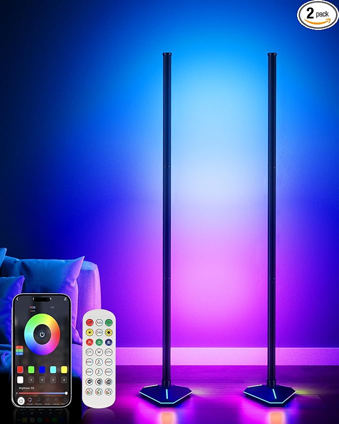 KFM 2PCS Corner Floor Lamp, LED Corner Lamp with App and Remote Control, Modern Floor Lamp with Music Sync and Illuminated Base, Color Changing Standing Lamp for Bedroom Living Room