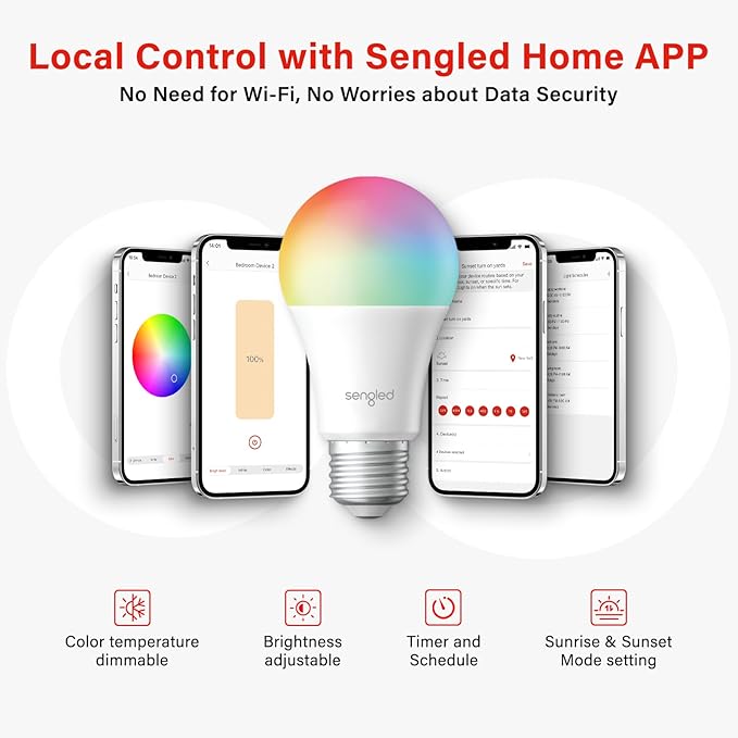 Sengled Dual Mode Smart Light Bulbs with Remote & App Control, Color Changing Bulbs, RGBW LED Light Bulbs 2700K-6500K Dimmable, 60W, Local Group Control (4P No Remote, No Support Alexa & Google)