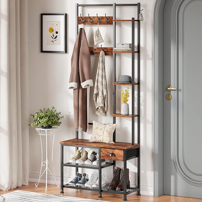 Furologee Coat Rack, Hall Tree with Bench and Shoe Rack, 4 in 1 Entryway Bench, Entryway Shoe Storage with 4 Shelves, 8 Hooks, 1 Fabric Drawer, Rustic Brown