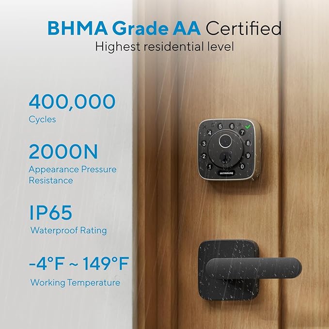 ULTRALOQ Bolt Fingerprint Wi-Fi Smart Locks for Front Door, Works with Apple Home, Alexa, Google, Smart Lock with Handle, App Finger Code Voice Unlock, Remote Control, Auto-Lock, BHMA Certified