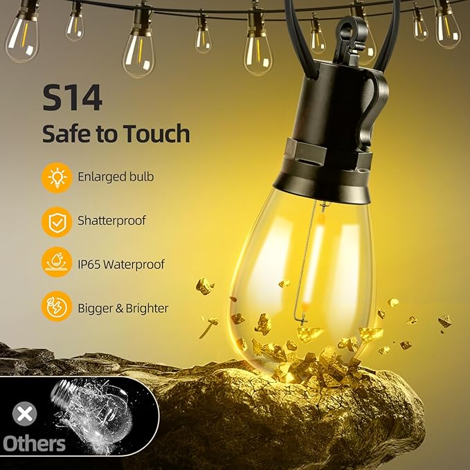 Solar Lights Outdoor Patio Lights: S14 10M 33FT Solar Powered 3 Light Modes Solar Waterproof Light - Shatterproof Bulbs - Camping Backyard Garden Deck Outside Yard