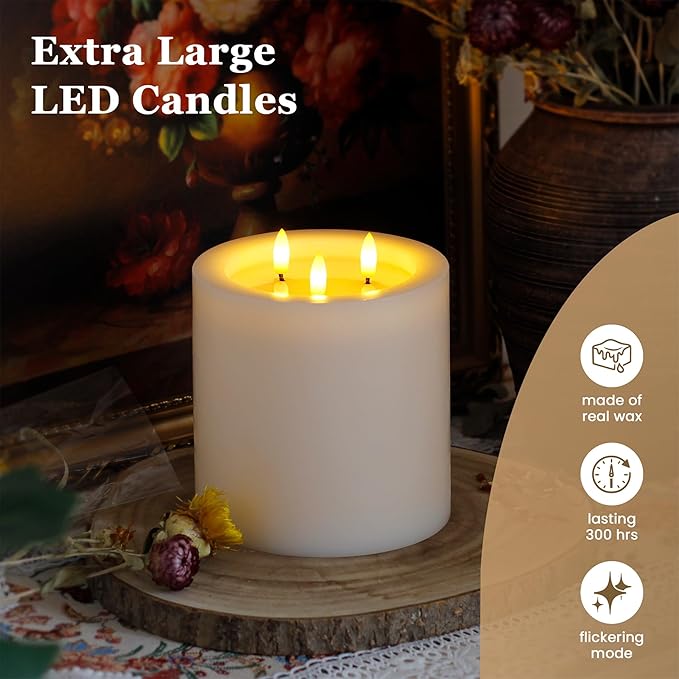 3-Wick 6"x6" Extra Large Real Wax Flameless Pillar Candles with Remote Control and Timer Function, Candle Grease White Battery Operated LED Flickering 3D-Wick (Long Lasting, Warm Fire)