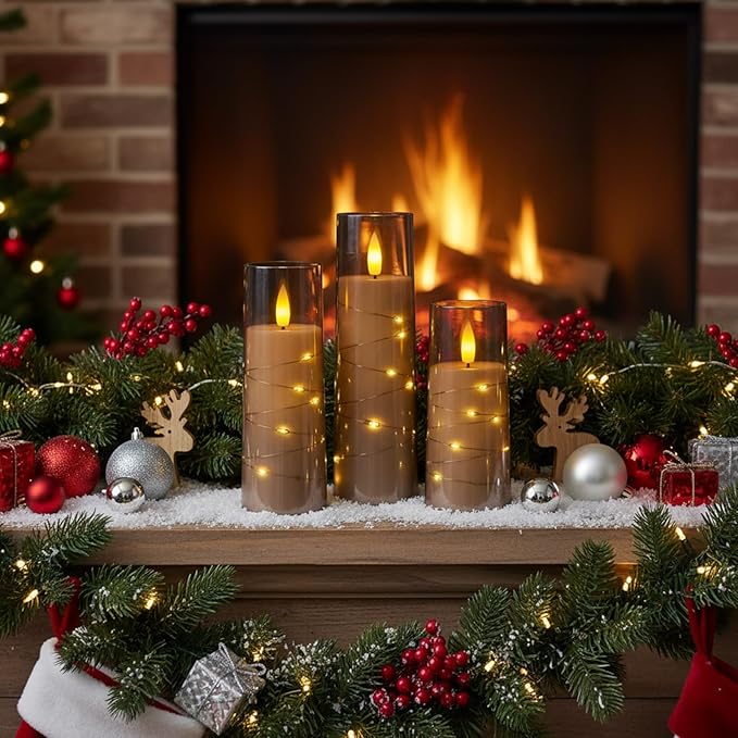 Raycare Flameless Candle with Remote Timer – 9 Flickering Acrylic Battery Operated LED Pillar Candles with Embedded Star String for Christmas, Home Decor, and as a Gift(Grey)