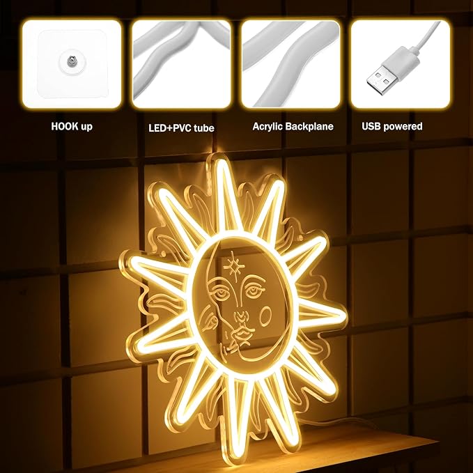 Sun and Moon Neon Led Sign, Sunflower Neon Sign, Boho Style Wall Decor for Bedroom Dorm Living Room Man Cave