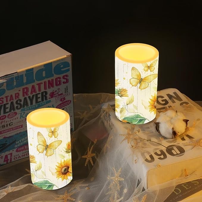 Butterfly Sunflower Flameless Candles 2 Pack 6 x 3 inch Battery Operated Candles with Multicolor Timer Remote Control LED Fake Candles for Warm Light Dinner Table Home Decor