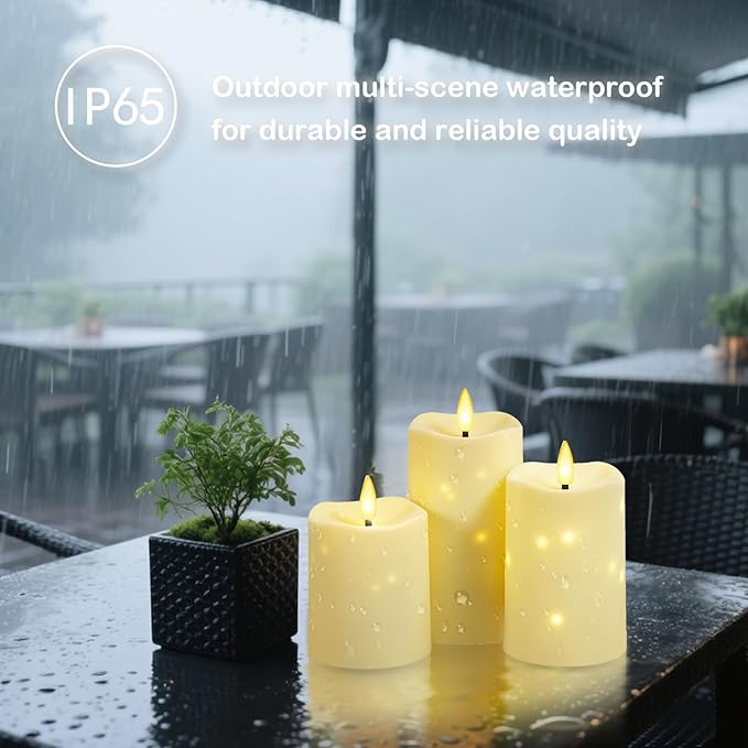 Flameless Candles Embeded Twinkle Starlight, Waterproof LED Flameless Candles with Remote, Plastics Realistic Pillar Candles for Home Decor, Outdoor Garden, Patio Decor 3pcs(Ivory)