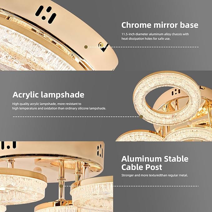 OKELI Modern Ceiling Light, 6 Rings 17.7'' Dimmable LED 60W Flush Mount Ceiling Lights with Remote Acrylic Crystal Round Ceiling Light Fixture, Bedroom Living Room Dining Room, Gold