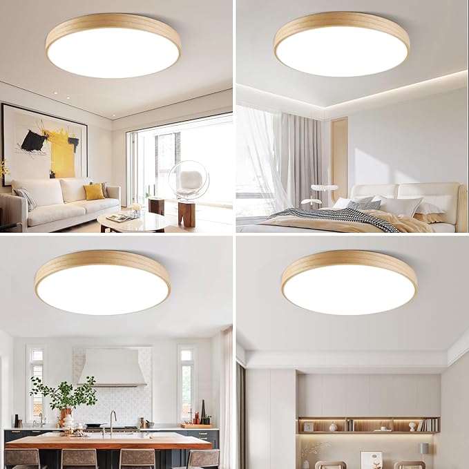 HOREVO Smart WiFi LED Ceiling Light with Remote - Alexa/Google Home, Dimmable RGB Color Changing Ceiling Light Fixture(2700K-6500K), 12" Modern Wood Flush Mount for Bedroom/Living Room/Kids Room