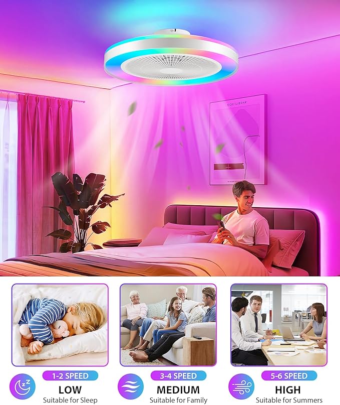 2-in-1 Low Profile Ceiling Fan with Light, 20” Caged Safety Design for Kids - RGB Color, Smart APP/Remote Control, Quiet Flush Mount DC Motor, Metal, Ideal for Bedroom/Living Room/Kitchen, White