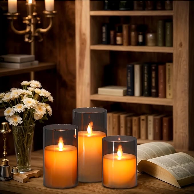 Flameless Candles with Remote Timer, LED Pillar Candles Moving Wick Flickering Battery Operated Pack of 3, Home Decorating for Ambiance, Cycling 24 Hours Timer, Gray