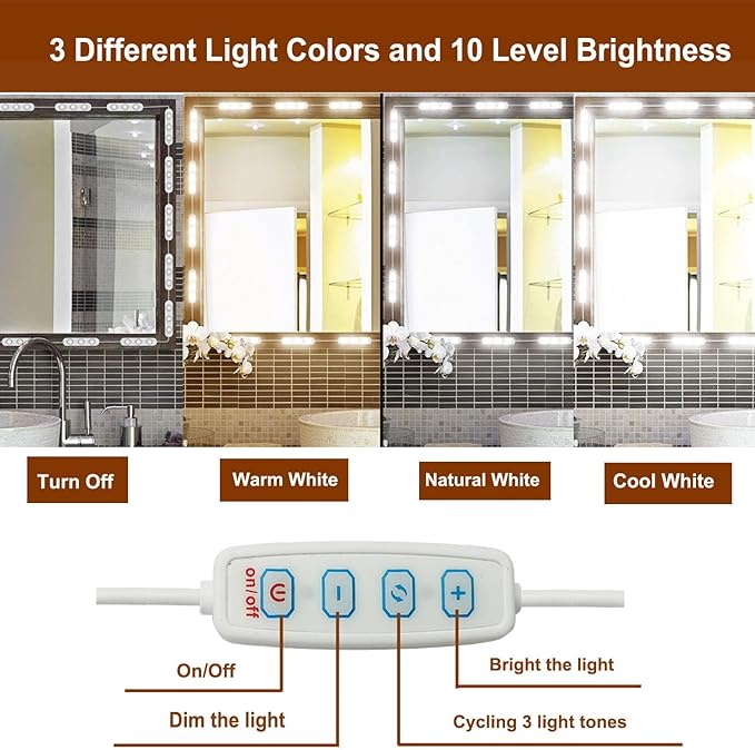 2 Pack Led Vanity Mirror Lights,3 Color Hollywood Style Vanity Make Up Lights,10ft Dimmable Color and Brightness Lighting Fixture Strip for Makeup Vanity Table & Bathroom Mirror (Mirror Not Included)