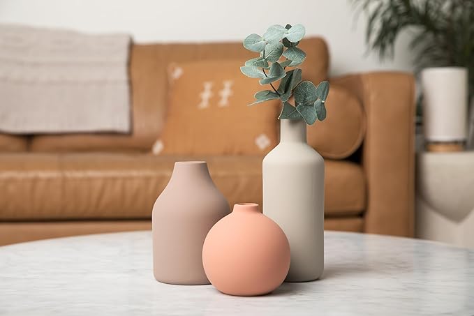 Ceramic Vase Set of 3 - Modern Farmhouse Decorative Vases for Home Decor. Boho, Rustic Vase, Small Neutral Pottery Vase Sets for Table, Shelf, Entryway, Living Room, Kitchen, Bedroom, Bathroom, Office