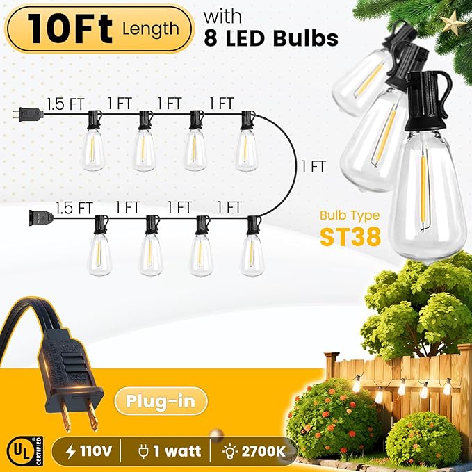 10FT Outdoor String Lights - LED Waterproof Patio Lights with Shatterproof ST38 Edison Plastic Bulb, Connectable Hanging Lighting for Outside Indoor Backyard Yard Gazebo Porch Party Decor - SOLROS