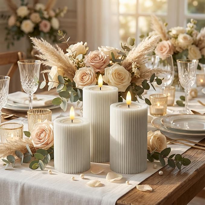 WYZworks Fluted Ribbed LED Pillar Candles, Cream Beige, with Realistic Reflective Melted-Wax Effect – Flickering Flame, Remote, Dimmable, Flameless, Battery Operated, Home & Wedding Decor (Set of 3)