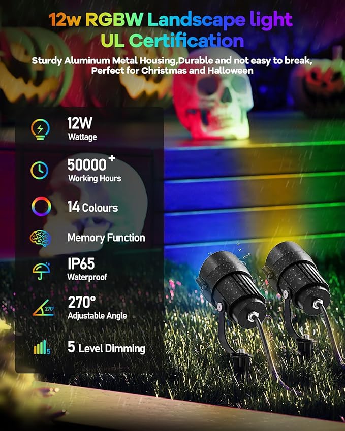 HIBOITEC RGBW Low Voltage Landscape Lighting 12Pack 12W with Remote Connectors Spotlights Landscape Lights 12-24V AC/DC Waterproof for House Yard Trees Outdoor Christmas(Transformers NOT Included)