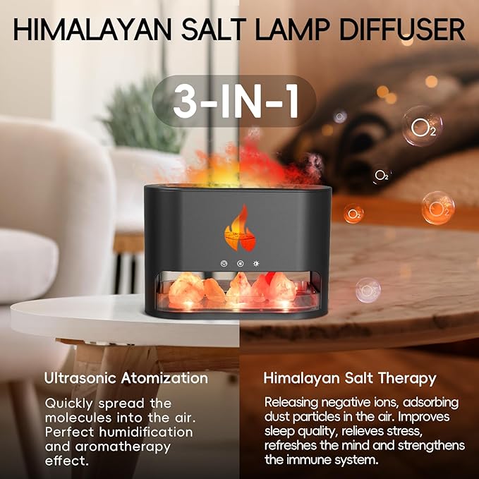 Essential Oil Diffuser, Fireplace Flame Fire Oil Diffuser, 250ml Himalayan Salt Lamp Diffuser, Cool Mist Aromatherapy Humidifier with 7 Colors Light, Timer & Auto-Off for Home, Room (Black)