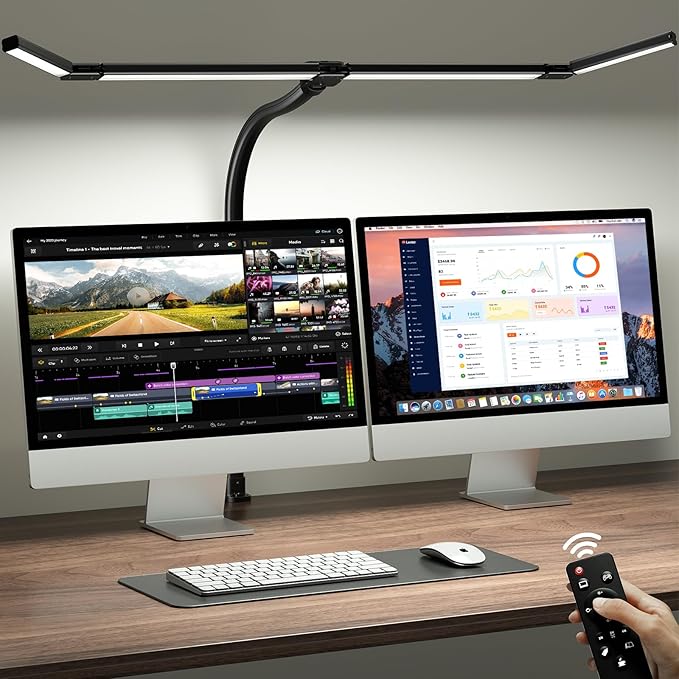 ONEMIX 42" LED Desk Lamp with Clamp, Architect Desk Light with Remote, Adjustable 4-Segment Bar, 1800LM Bright, Eye-Caring Desk Lamp for Home Office, Reading, Study, Dual Monitors, Easter (Black)