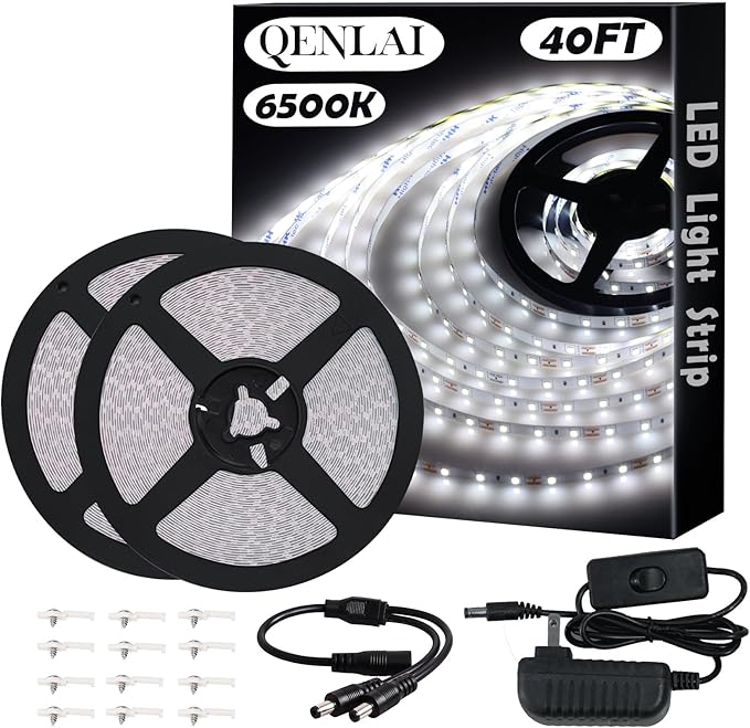 40ft White LED Light Strip Kit, 6500K Strip Light, 720 LED 12V Flexible Cuttable LED Light Strips for Bedroom Kitchen Under Cabinet Lighting Indoor
