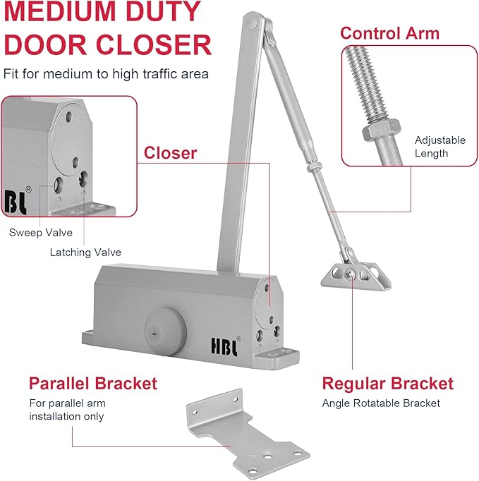 Automatic Garage Door Closer – HBL’ Adjustable Closing & Latching Speed, Durable Sprayed Aluminum, Easy Installation, Also Ideal for Commercial Use.