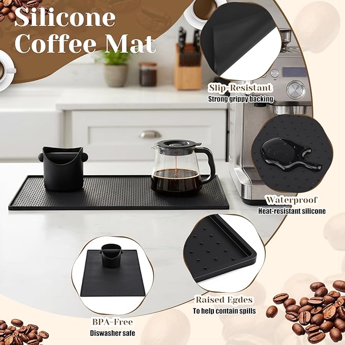 9 Pcs Espresso Knock Box Kit 18.9" x 11.8" Silicone Coffee Mat Espresso Tamping Mat with Coffee Station Organizer Removable Rod 6 Coasters Under Machine Accessories Set for Home Barista
