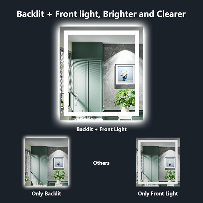 32x32 Inch LED Bathroom Mirror with Lights Front and Backlit Lighted Vanity Mirror for Bathroom Wall with 3 Colors Dimmable Anti-Fog Memory Shatter-Proof IP54 Waterproof Horizontal/Vertical