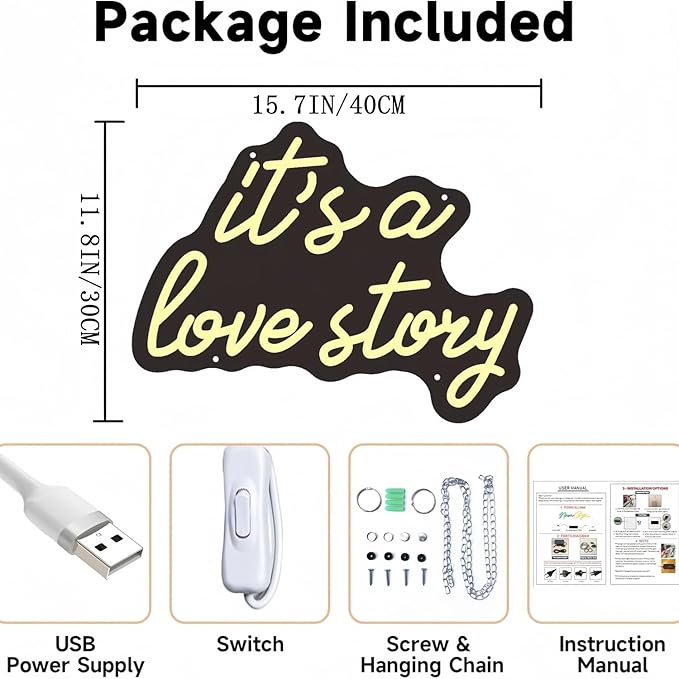 It's a Love Story LED Neon Signs for Wall Decor Neon Wall Art Acrylic LED Lights with Hanging Chain Light Up for Bedroom Decor Graduation Bar Pub Wedding Party 5V USB Powered Dimmable