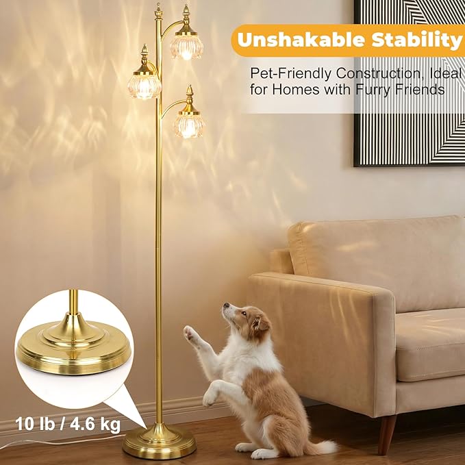 Floor Lamp Gold Glass Brass 66.5in Tall Standing Lamp for Living Room with 3 Brightness Lights Vintage Tree Flower Lamp for Bedroom Office(3LED Bulbs Included)