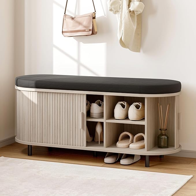 ONBRILL 43" Shoe Bench with Storage, Fluted Shoe Storage Bench with Cushion, Sliding Door and Adjustable Shelf, for Entryway, Hallway, Living Room, Natural White
