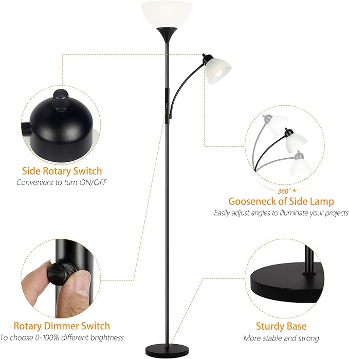 Floor Lamp, Dimmable Standing lamp, Stepless Dimming Brightness, Included 9W and 5W LED Bulbs, Industrial Floor Lamp for Living Room, Bedroom, Office, Reading