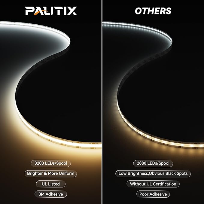 PAUTIX COB LED Strip Light CCT Tunable White IP65 Waterproof,CRI90+ 16.4ft/5m 2700K-6500K Dimmable 24V LED Tape Light,for Under Cabinet Bedroom Kitchen DIY Lighting(Adapter&Controller NOT Included)