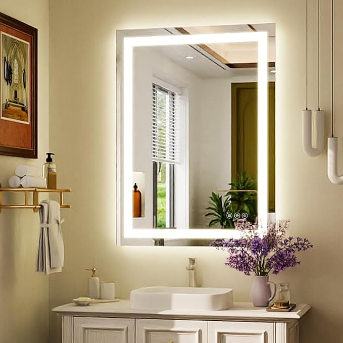 32'' x 24'' LED Bathroom Mirror with Lights, Wall Mirror with Front and Backlight, 3 Colors Vanity Mirror with Lights, Anti-Fog Wall Mirror for Bathroom