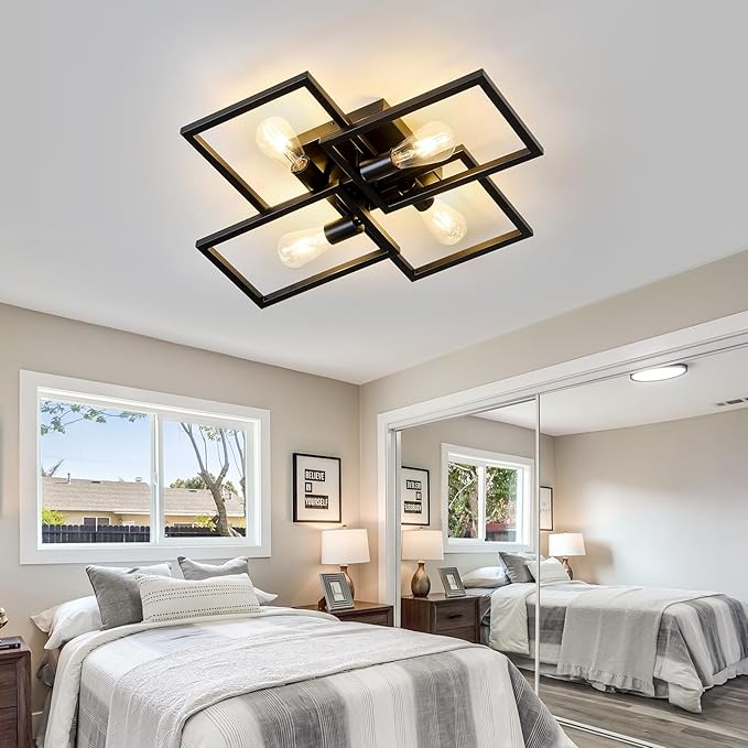 ASGYISA Black Industrial Semi Flush Mount Ceiling Light Kitchen Light Fixtures 4-Light Modern Large Matte Sputnik Chandelier for Dining Room Bedroom Farmhouse Living Room
