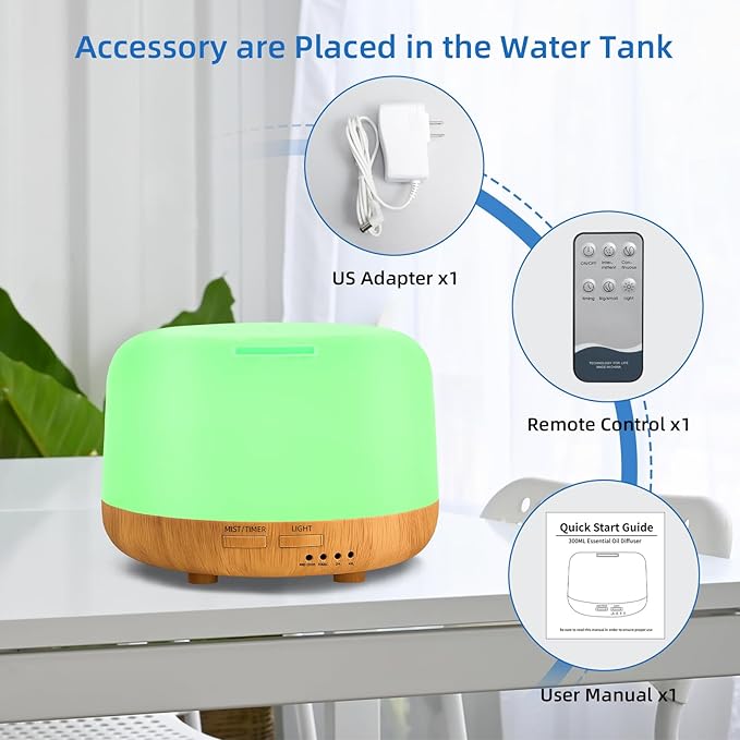 Aromatherapy Essential Oil Home Diffuser with Remote Control, 300ML Large Room Cool Mist Air Humidifier, 8 Hours Quiet Operation, Timer, 7 Colors LED Night Night，Suitable Home,Yoga.